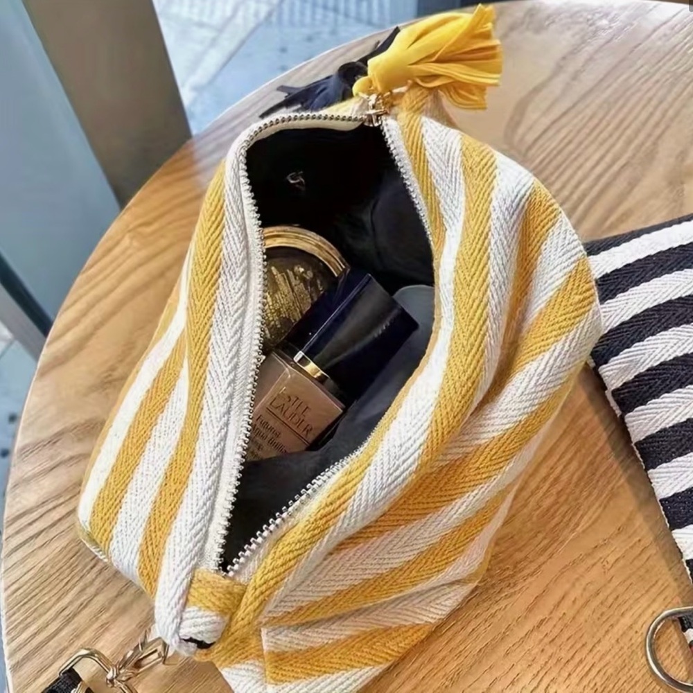 Yellow & White Striped Wristlet Clutch with Tassels - Picture 2 of 7